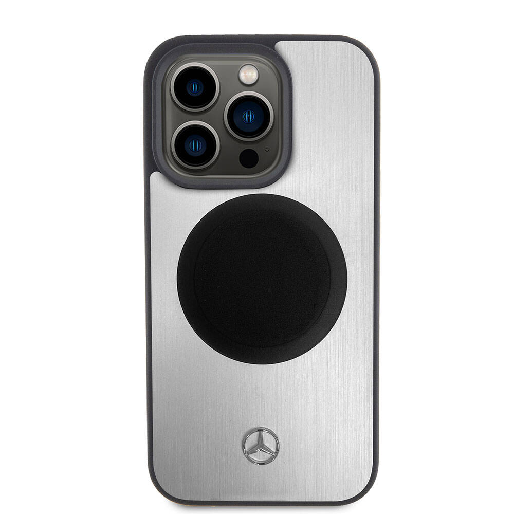 iPhone 15 Pro Kılıf Mercedes Benz Orjinal Lisanslı Magsafe Şarj Özellikli Alüminyum Arka Yüzey Metal Yıldız Logolu Kılıf Gümüş