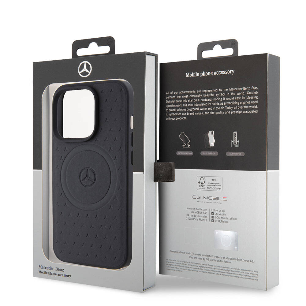iPhone 15 Pro Kılıf Mercedes Benz Orjinal Lisanslı Magsafe Şarj Özellikli Mühürlü Yıldız Desenli ve Logolu Deri Kılıf Siyah