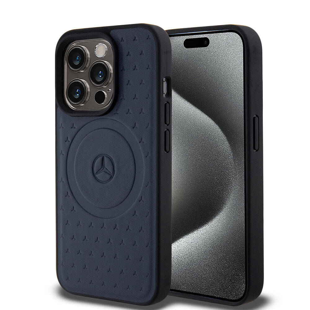 iPhone 15 Pro Kılıf Mercedes Benz Orjinal Lisanslı Magsafe Şarj Özellikli Mühürlü Yıldız Desenli ve Logolu Deri Kılıf Lacivert