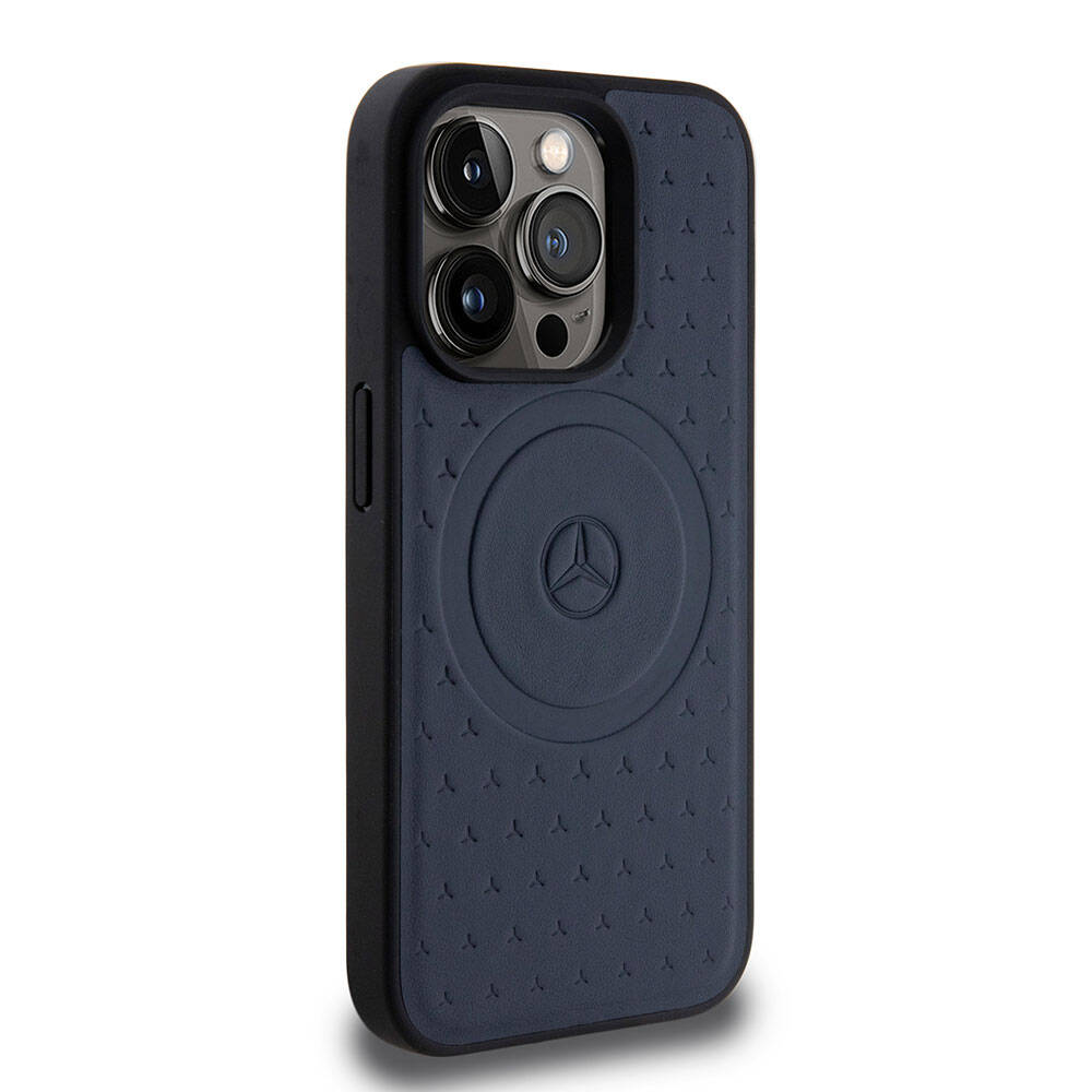 iPhone 15 Pro Kılıf Mercedes Benz Orjinal Lisanslı Magsafe Şarj Özellikli Mühürlü Yıldız Desenli ve Logolu Deri Kılıf Siyah