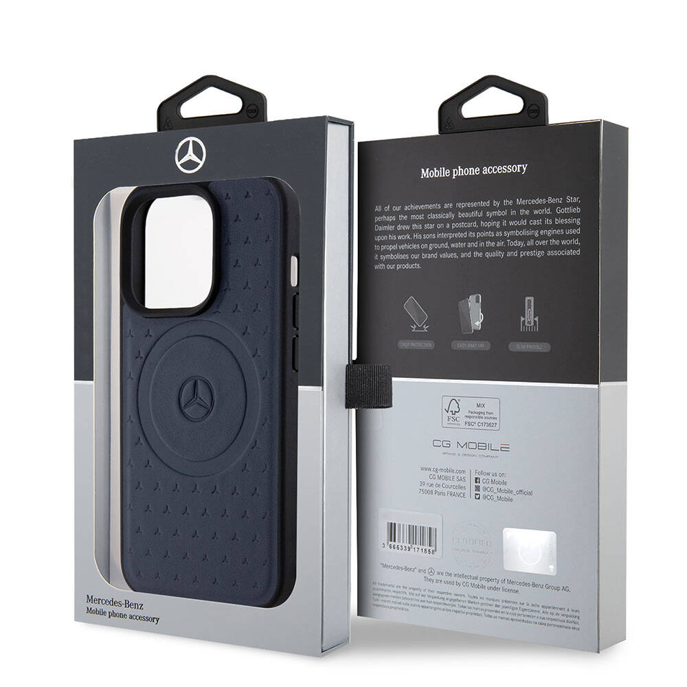 iPhone 15 Pro Kılıf Mercedes Benz Orjinal Lisanslı Magsafe Şarj Özellikli Mühürlü Yıldız Desenli ve Logolu Deri Kılıf Siyah