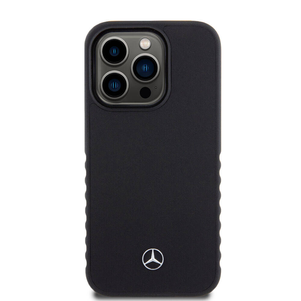 iPhone 15 Pro Kılıf Mercedes Benz Orjinal Lisanslı Tırtıklı Kenar Tasarımlı Metal Yıldız Logolu Pürüzsüz Hakiki Deri Kılıf Siyah