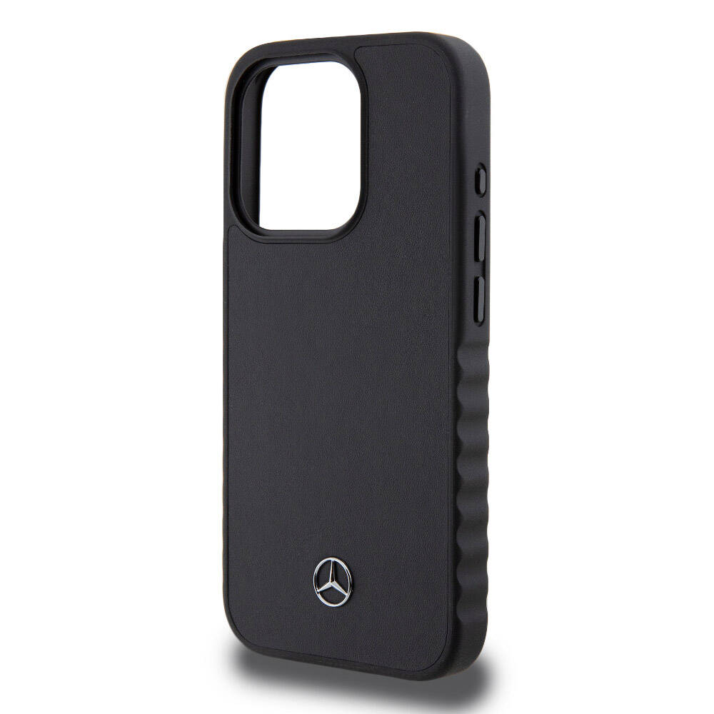 iPhone 15 Pro Kılıf Mercedes Benz Orjinal Lisanslı Tırtıklı Kenar Tasarımlı Metal Yıldız Logolu Pürüzsüz Hakiki Deri Kılıf Siyah