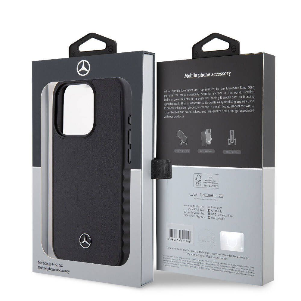 iPhone 15 Pro Kılıf Mercedes Benz Orjinal Lisanslı Tırtıklı Kenar Tasarımlı Metal Yıldız Logolu Pürüzsüz Hakiki Deri Kılıf Siyah