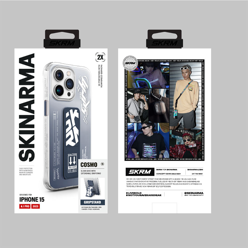 iPhone 15 Pro Kılıf SkinArma Şeffaf Renk Geçişli Airbag Tasarımlı Standlı Cosmo Kılıf Mavi