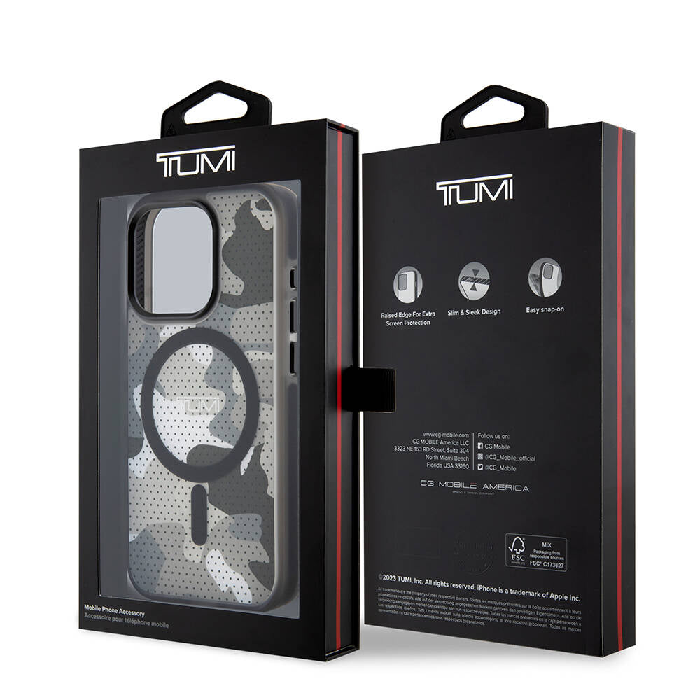 iPhone 15 Pro Kılıf TUMI Orjinal Lisanslı Magsafe Şarj Özellikli Buzlanmış Saydam Ağ Kamuflajı Desenli Kılıf Siyah