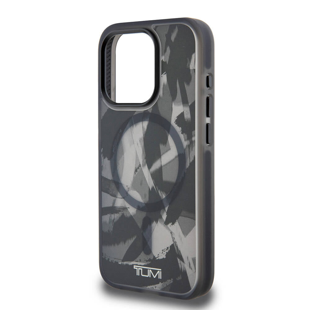 iPhone 15 Pro Kılıf TUMI Orjinal Lisanslı Magsafe Şarj Özellikli Buzlanmış Saydam Fırça Kamuflajı Desenli Kılıf Siyah