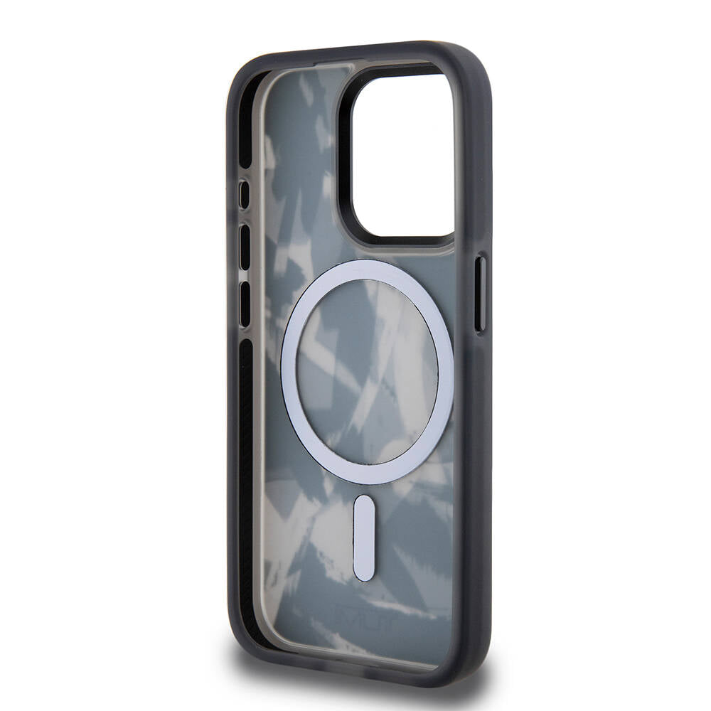 iPhone 15 Pro Kılıf TUMI Orjinal Lisanslı Magsafe Şarj Özellikli Buzlanmış Saydam Fırça Kamuflajı Desenli Kılıf Siyah