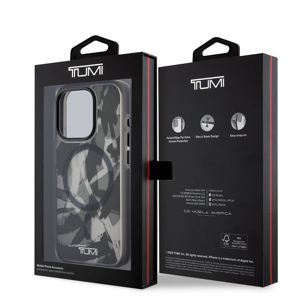 iPhone 15 Pro Kılıf TUMI Orjinal Lisanslı Magsafe Şarj Özellikli Buzlanmış Saydam Fırça Kamuflajı Desenli Kılıf Siyah