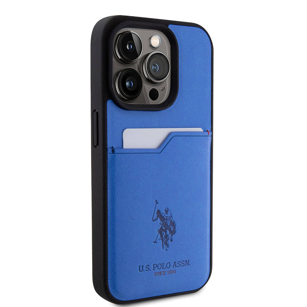 iPhone 15 Pro Kılıf U.S. Polo Assn. Orjinal Lisanslı Baskı Logolu PU Kartlıklı Kılıf Mavi
