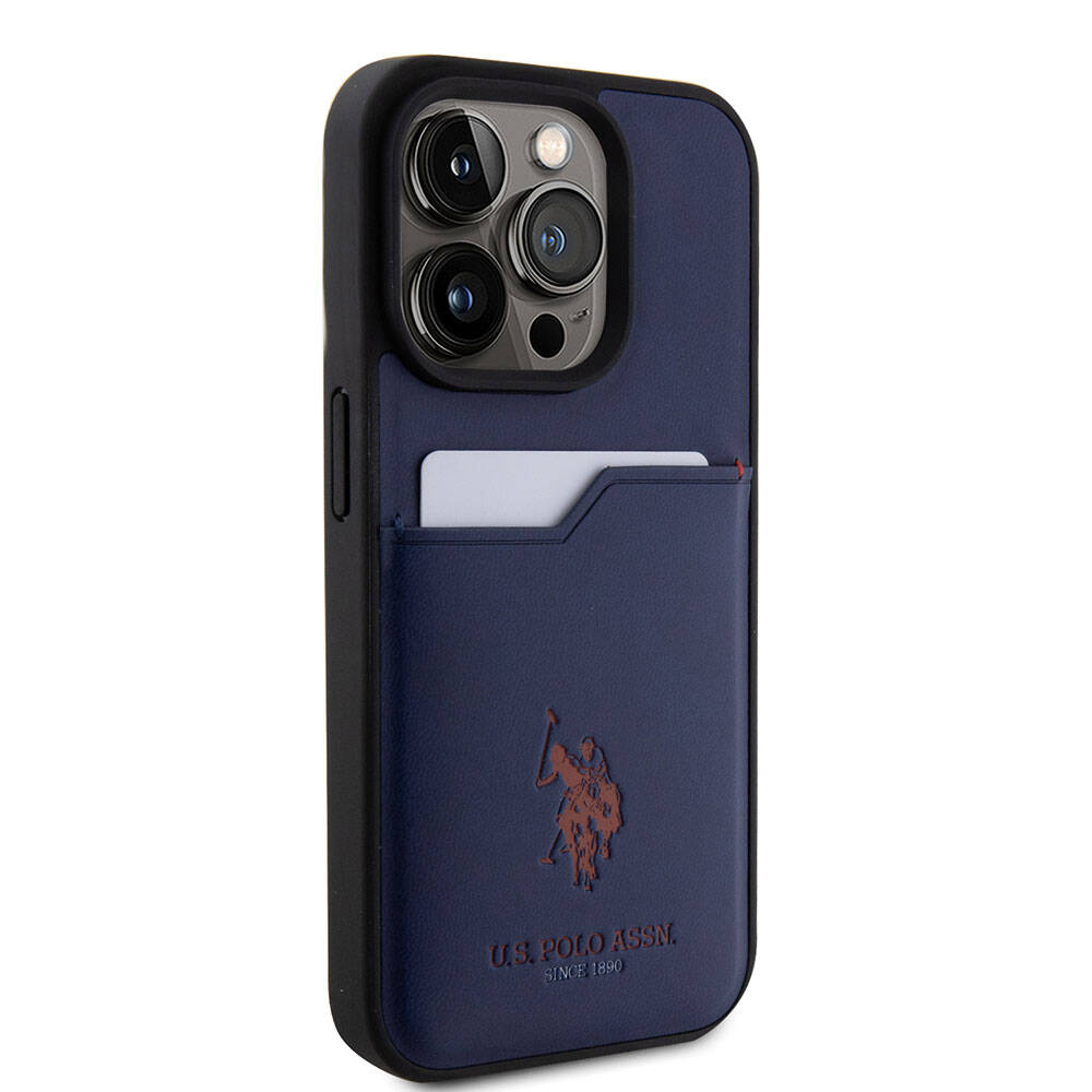 iPhone 15 Pro Kılıf U.S. Polo Assn. Orjinal Lisanslı Baskı Logolu PU Kartlıklı Kılıf Mavi