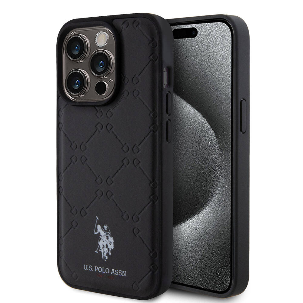 iPhone 15 Pro Kılıf U.S. Polo Assn. Orjinal Lisanslı HS Desenli Baskı Logolu Suni Deri Kılıf Siyah
