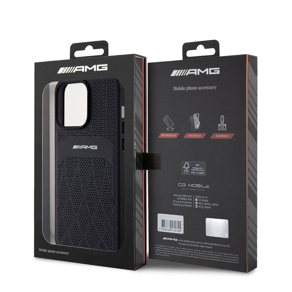 iPhone 15 Pro Max Kılıf AMG Orjinal Lisanslı Magsafe Şarj Özellikli Delikli Deri Kıvrımlı Çizgili Kılıf Siyah