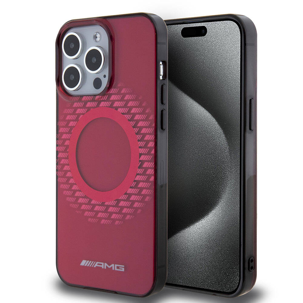 iPhone 15 Pro Max Kılıf AMG Orjinal Lisanslı Magsafe Şarj Özellikli Eşkenar Dörtgen Desenli Transparan Kılıf Kırmızı