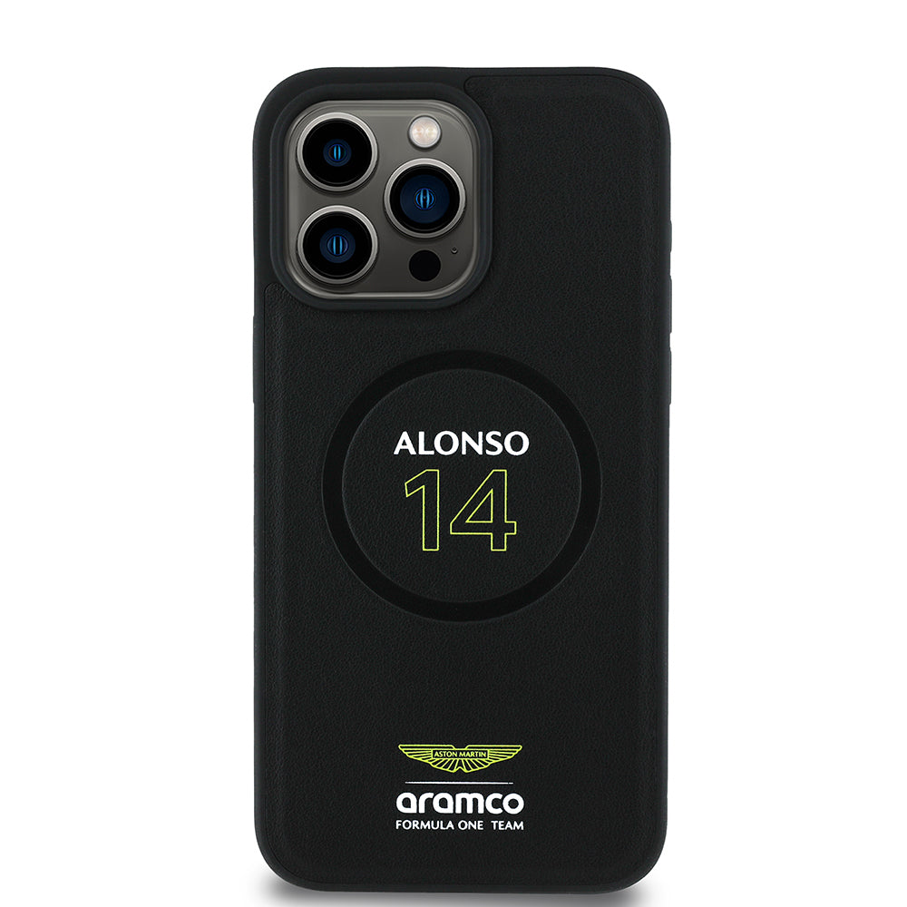 Apple iPhone 15 Pro Max Kılıf Aston Martin Orjinal Lisanslı M-safe Şarj Özellikli PU Deri Alonso 14 Baskılı Kapak Siyah