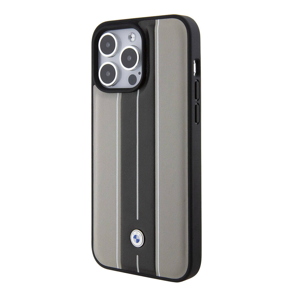 iPhone 15 Pro Max Kılıf BMW Orjinal Lisanslı Deri Arka Yüzey Metal Logolu Çift Şerit Tasarımlı Kılıf Krem