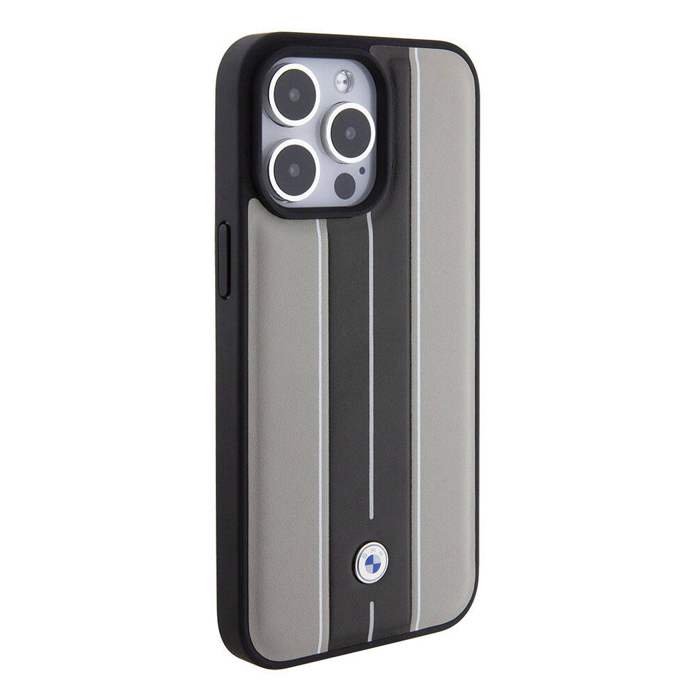 iPhone 15 Pro Max Kılıf BMW Orjinal Lisanslı Deri Arka Yüzey Metal Logolu Çift Şerit Tasarımlı Kılıf Krem