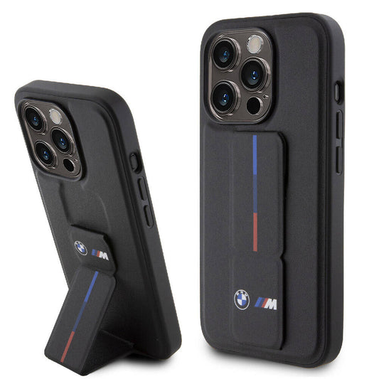 iPhone 15 Pro Max Kılıf BMW Orjinal Lisanslı M Şerit ve Logolu Standlı Kılıf Siyah