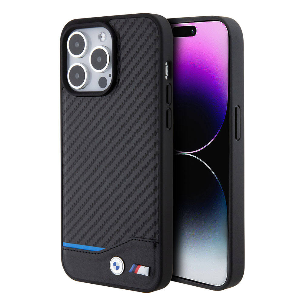 Apple iPhone 15 Pro Max Kılıf BMW Orjinal Lisanslı M-safe Şarj Özellikli M Logolu PU Karbon Kapak