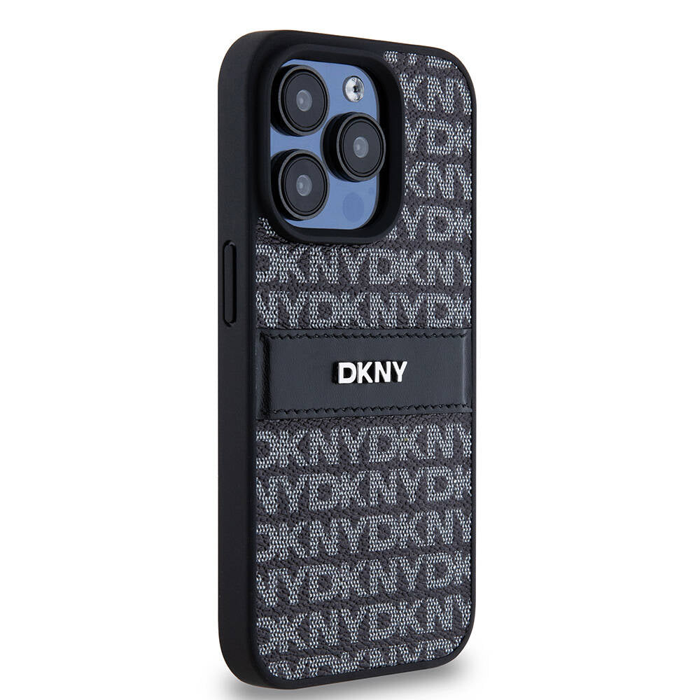 iPhone 15 Pro Max Kılıf DKNY Orjinal Lisanslı 3D Yazılı Repeat Texture Pattern Kılıf Siyah