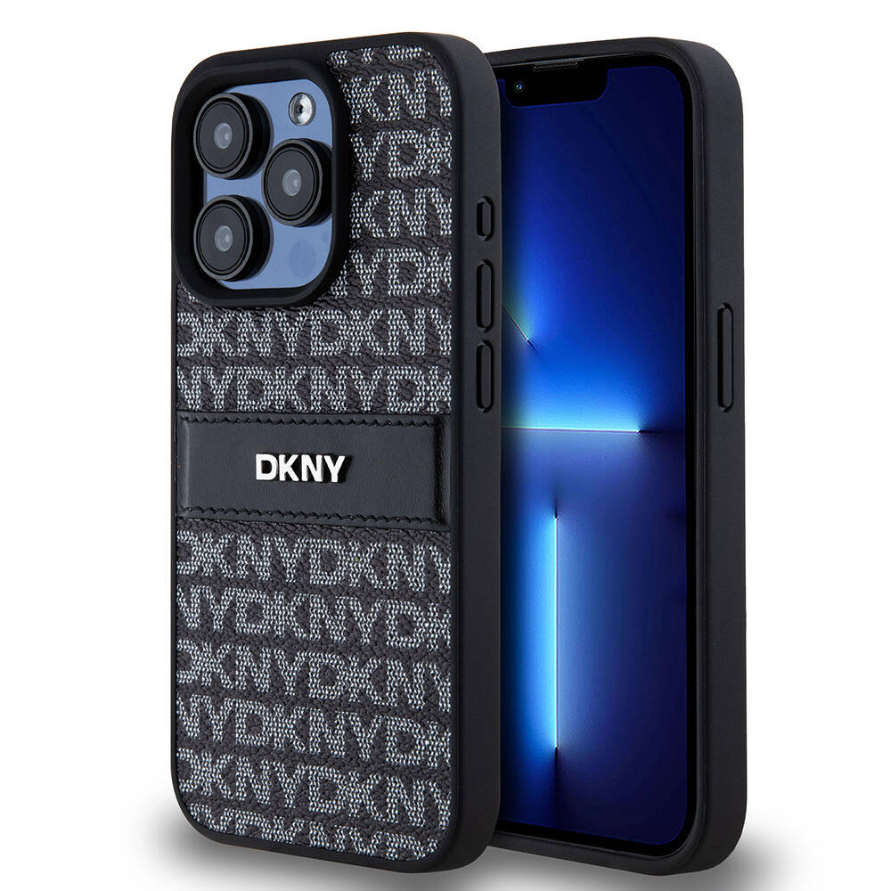 iPhone 15 Pro Max Kılıf DKNY Orjinal Lisanslı 3D Yazılı Repeat Texture Pattern Kılıf Siyah