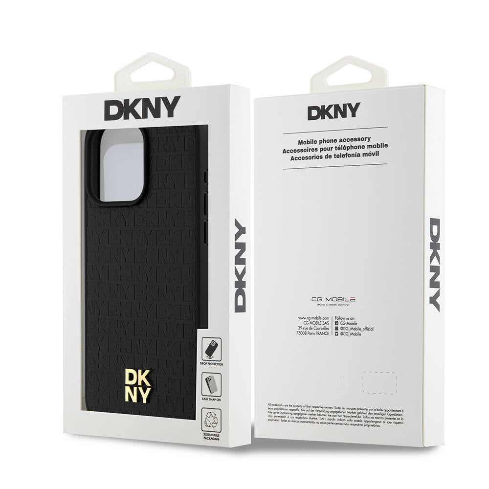 iPhone 15 Pro Max Kılıf DKNY Orjinal Lisanslı Magsafe Şarj Özellikli 3D Yazılı Repeat Pattern Kılıf Siyah