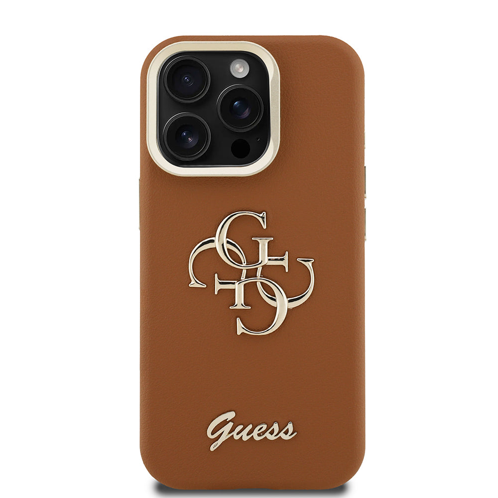 Apple iPhone 15 Pro Max Kılıf Guess Orjinal Lisanslı Grained Yazı Logolu Kamera Standlı Kapak Bej