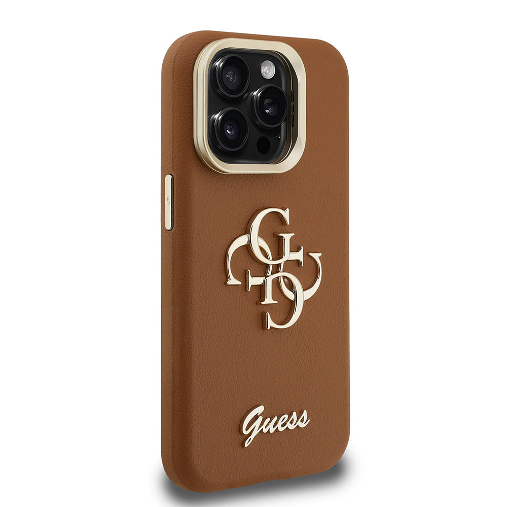 Apple iPhone 15 Pro Max Kılıf Guess Orjinal Lisanslı Grained Yazı Logolu Kamera Standlı Kapak Bej
