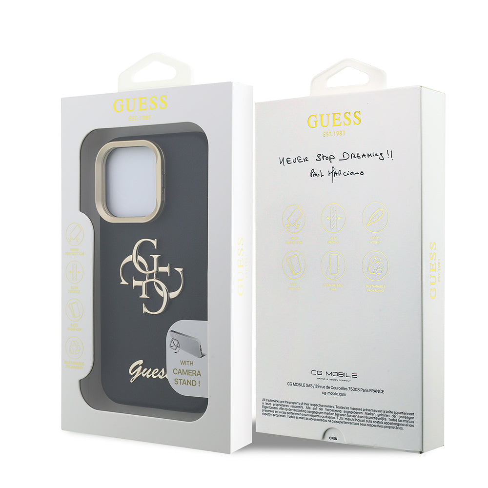 Apple iPhone 15 Pro Max Kılıf Guess Orjinal Lisanslı Grained Yazı Logolu Kamera Standlı Kapak Bej