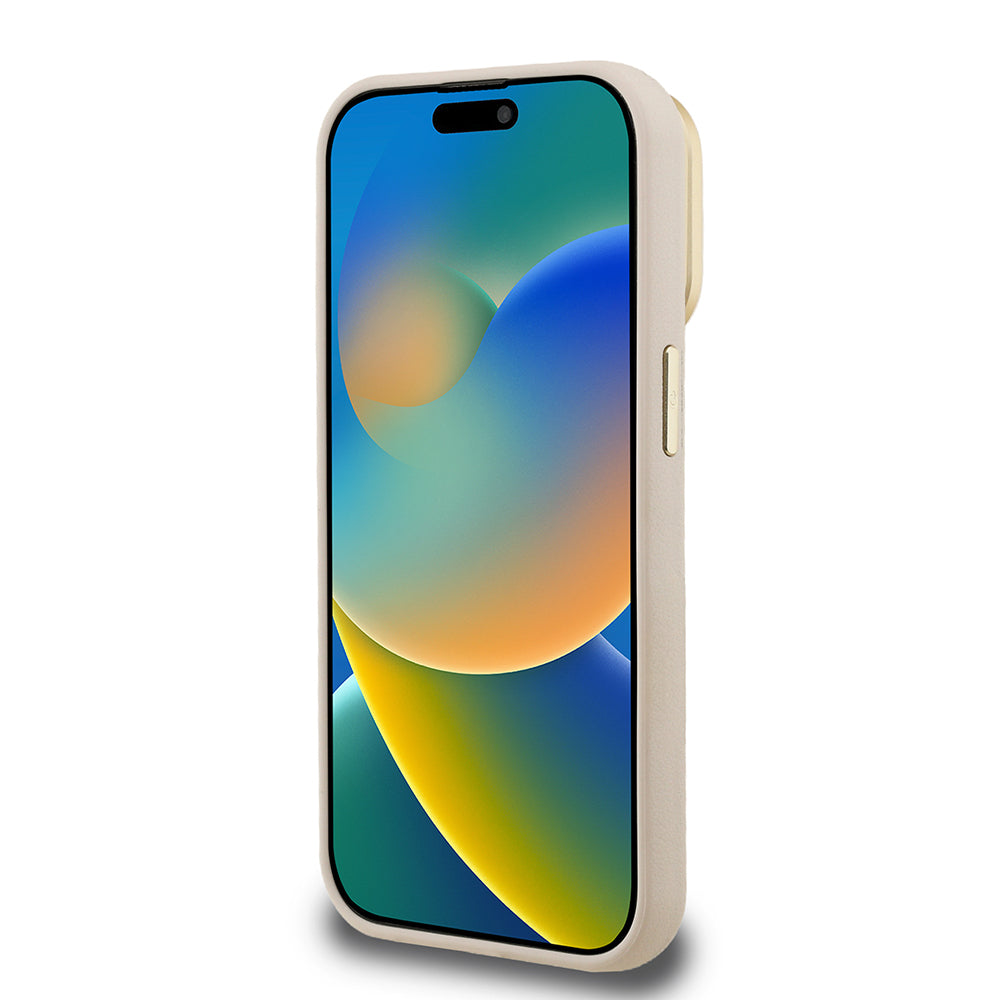 Apple iPhone 15 Pro Max Kılıf Guess Orjinal Lisanslı Grained Yazı Logolu Kamera Standlı Kapak Bej