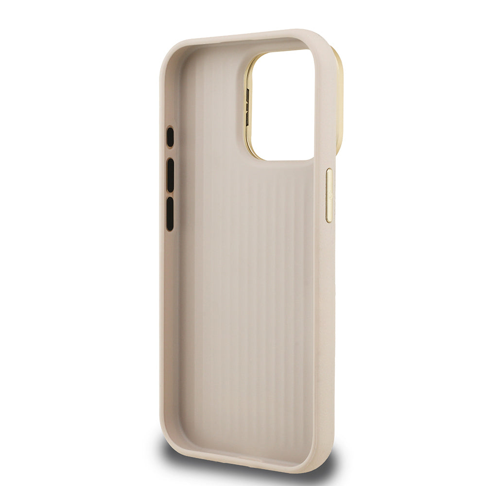 Apple iPhone 15 Pro Max Kılıf Guess Orjinal Lisanslı Grained Yazı Logolu Kamera Standlı Kapak Bej