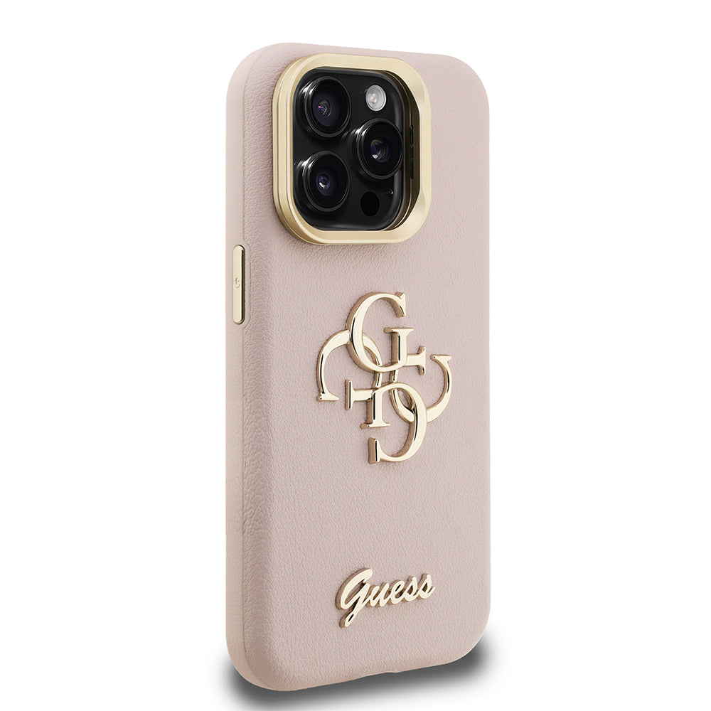 Apple iPhone 15 Pro Max Kılıf Guess Orjinal Lisanslı Grained Yazı Logolu Kamera Standlı Kapak Bej