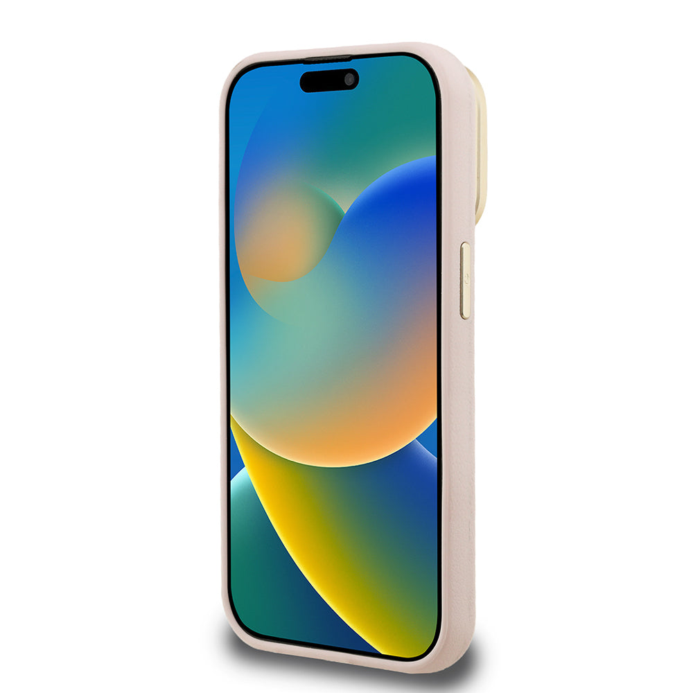 Apple iPhone 15 Pro Max Kılıf Guess Orjinal Lisanslı Grained Yazı Logolu Kamera Standlı Kapak Bej