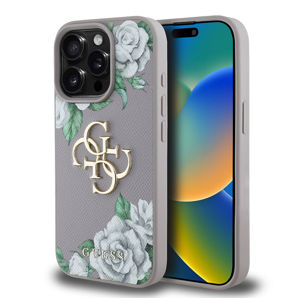 Apple iPhone 15 Pro Max Kılıf Guess Orjinal Lisanslı Gül Baskılı Büyük Metal Logo Dizaynlı Kapak Pembe