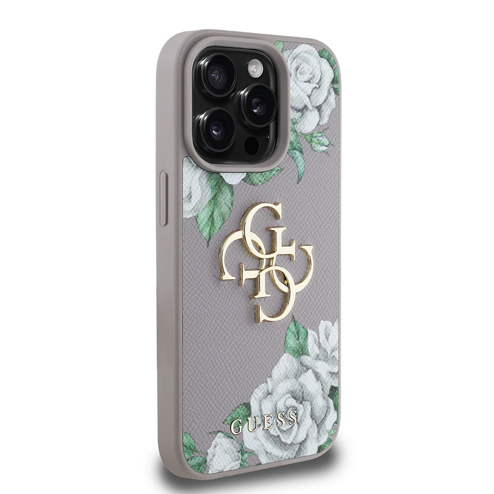 Apple iPhone 15 Pro Max Kılıf Guess Orjinal Lisanslı Gül Baskılı Büyük Metal Logo Dizaynlı Kapak Pembe