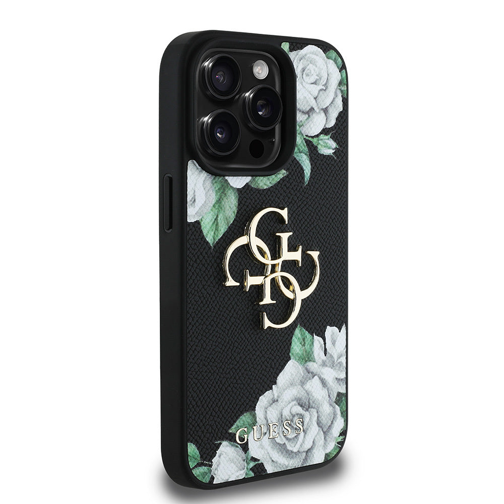 Apple iPhone 15 Pro Max Kılıf Guess Orjinal Lisanslı Gül Baskılı Büyük Metal Logo Dizaynlı Kapak Mor