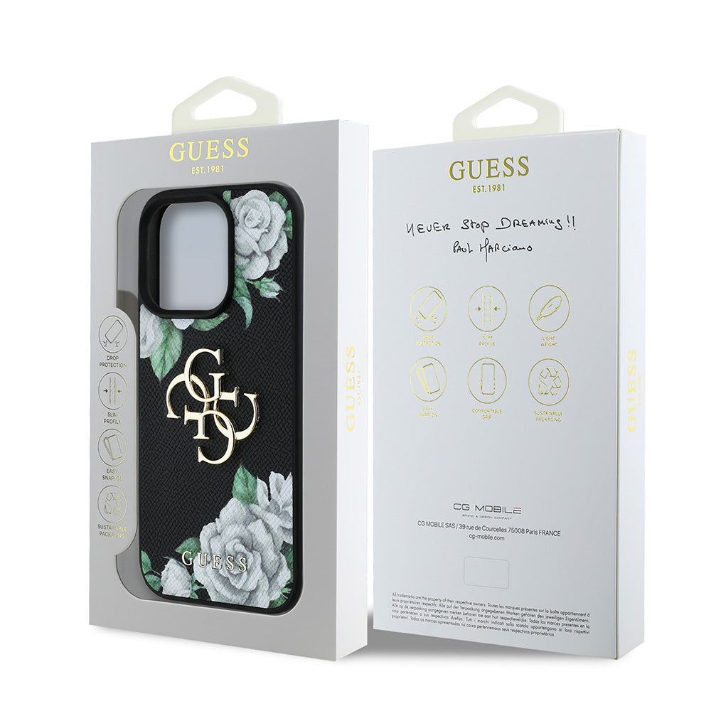 Apple iPhone 15 Pro Max Kılıf Guess Orjinal Lisanslı Gül Baskılı Büyük Metal Logo Dizaynlı Kapak Mor