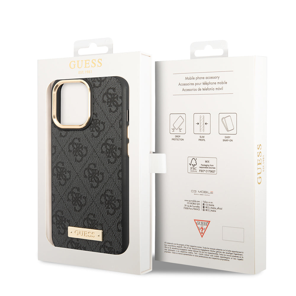 Apple iPhone 15 Pro Max Kılıf Guess Orjinal Lisanslı M-safe Şarj Özellikli 4G Desenli PU Metal Plaka Klasik Logolu Kapak Kahverengi