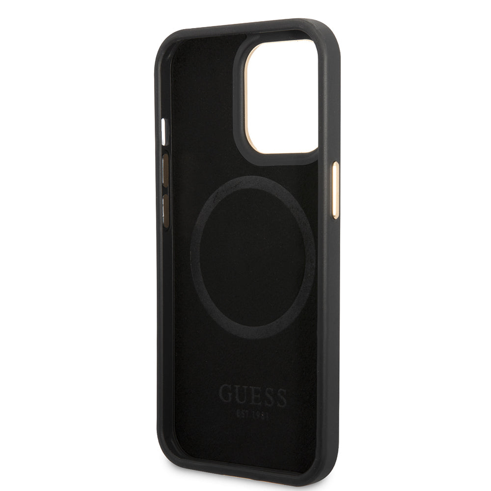 Apple iPhone 15 Pro Max Kılıf Guess Orjinal Lisanslı M-safe Şarj Özellikli 4G Desenli PU Metal Plaka Klasik Logolu Kapak Kahverengi