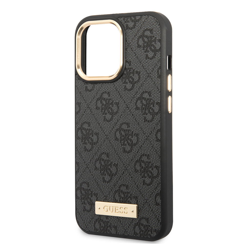 Apple iPhone 15 Pro Max Kılıf Guess Orjinal Lisanslı M-safe Şarj Özellikli 4G Desenli PU Metal Plaka Klasik Logolu Kapak Kahverengi