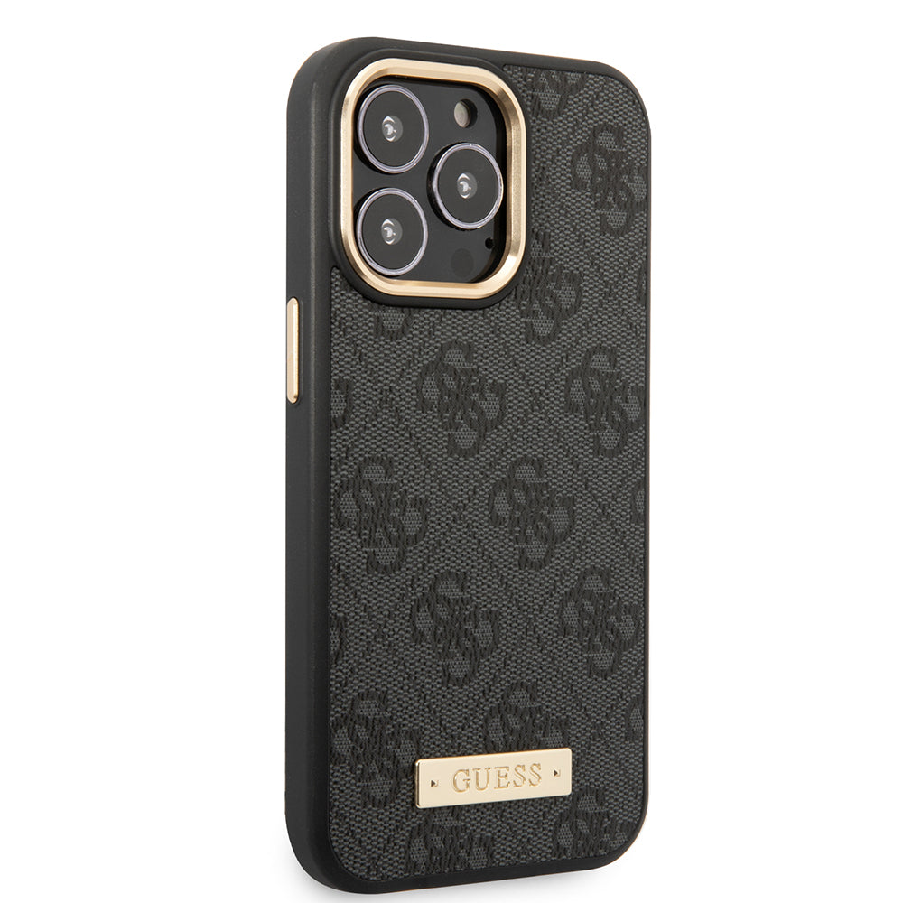 Apple iPhone 15 Pro Max Kılıf Guess Orjinal Lisanslı M-safe Şarj Özellikli 4G Desenli PU Metal Plaka Klasik Logolu Kapak Kahverengi