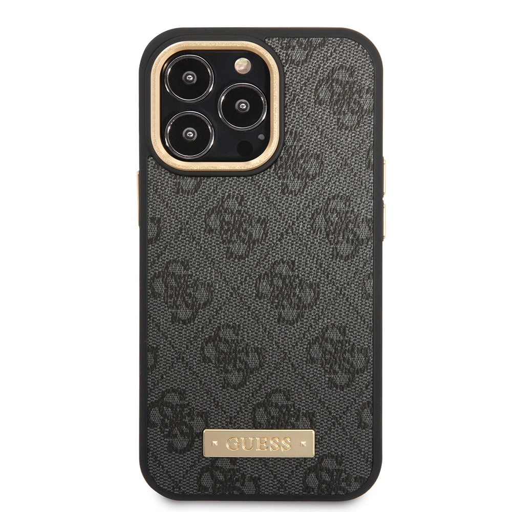 Apple iPhone 15 Pro Max Kılıf Guess Orjinal Lisanslı M-safe Şarj Özellikli 4G Desenli PU Metal Plaka Klasik Logolu Kapak Kahverengi