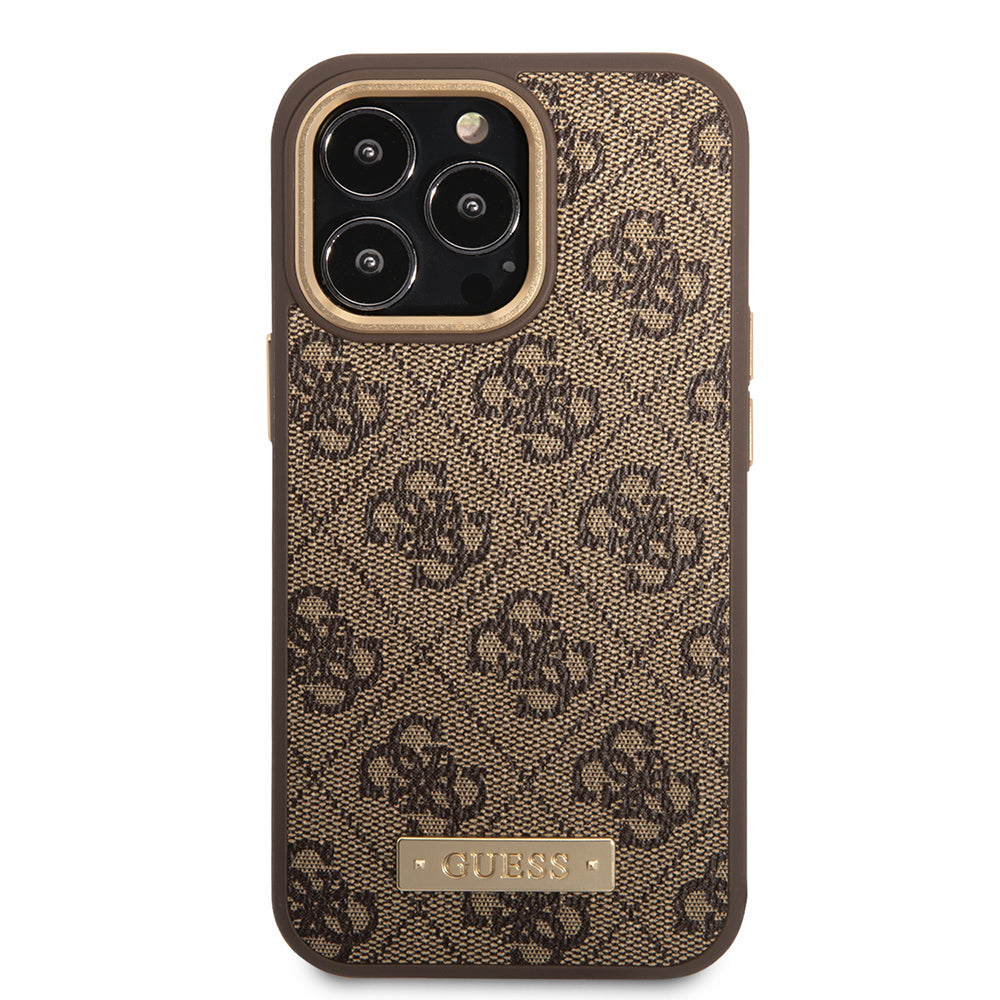 Apple iPhone 15 Pro Max Kılıf Guess Orjinal Lisanslı M-safe Şarj Özellikli 4G Desenli PU Metal Plaka Klasik Logolu Kapak Kahverengi