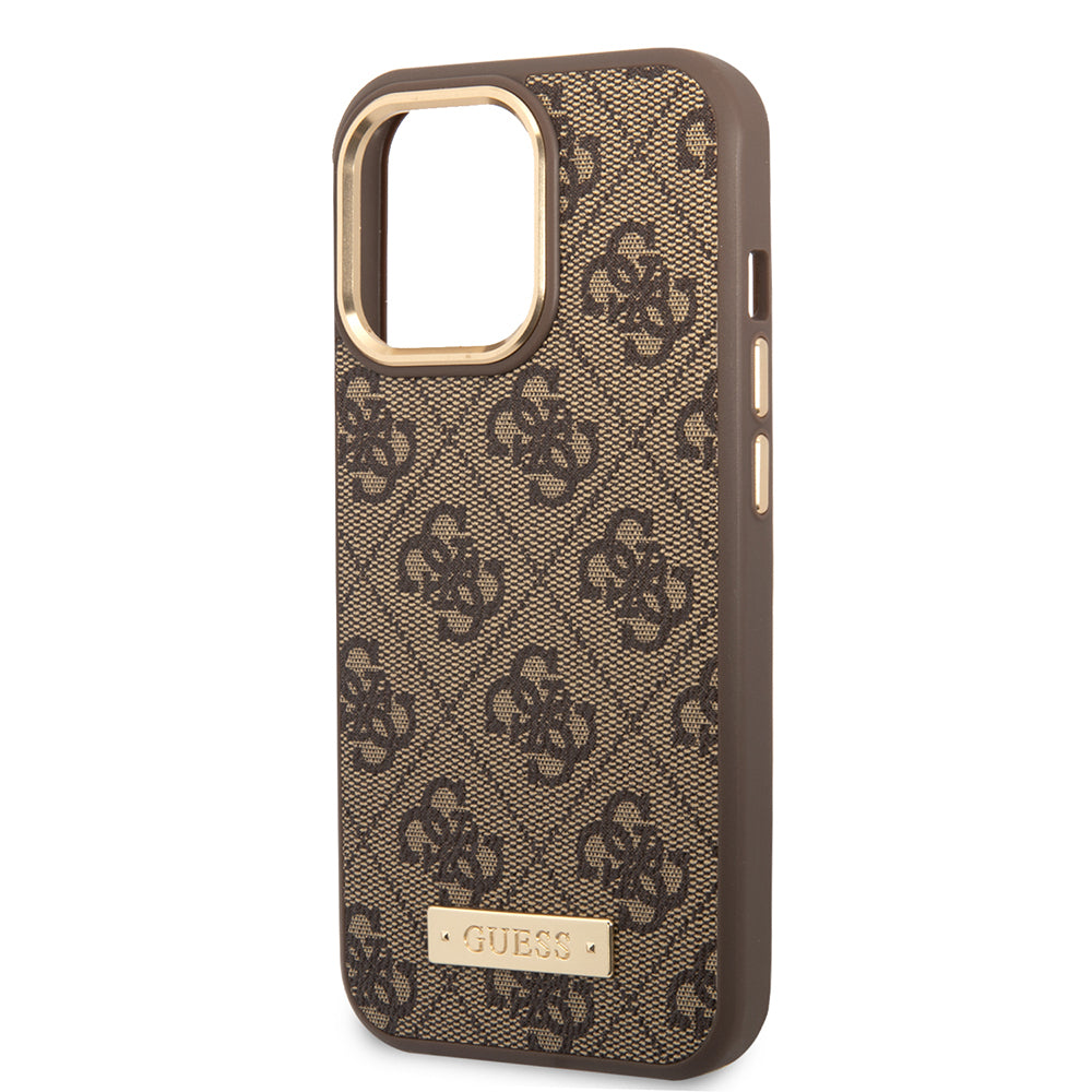 Apple iPhone 15 Pro Max Kılıf Guess Orjinal Lisanslı M-safe Şarj Özellikli 4G Desenli PU Metal Plaka Klasik Logolu Kapak Kahverengi