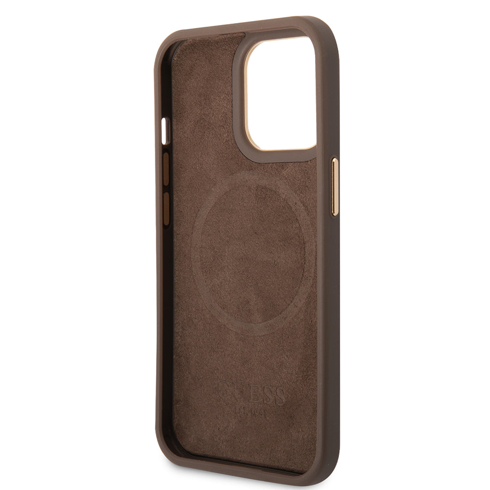 Apple iPhone 15 Pro Max Kılıf Guess Orjinal Lisanslı M-safe Şarj Özellikli 4G Desenli PU Metal Plaka Klasik Logolu Kapak Kahverengi