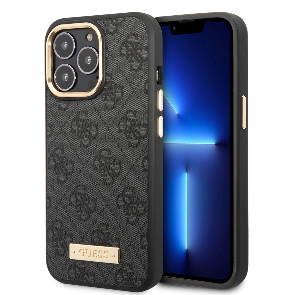 Apple iPhone 15 Pro Max Kılıf Guess Orjinal Lisanslı M-safe Şarj Özellikli 4G Desenli PU Metal Plaka Klasik Logolu Kapak Kahverengi