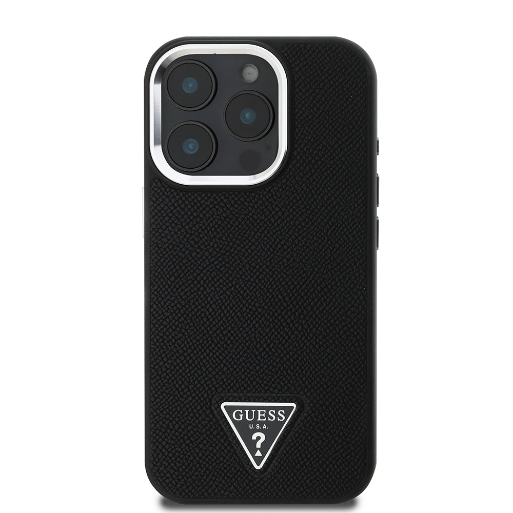 Apple iPhone 15 Pro Max Kılıf Guess Orjinal Lisanslı M-safe Şarj Özellikli Grained Triangle Kapak Siyah