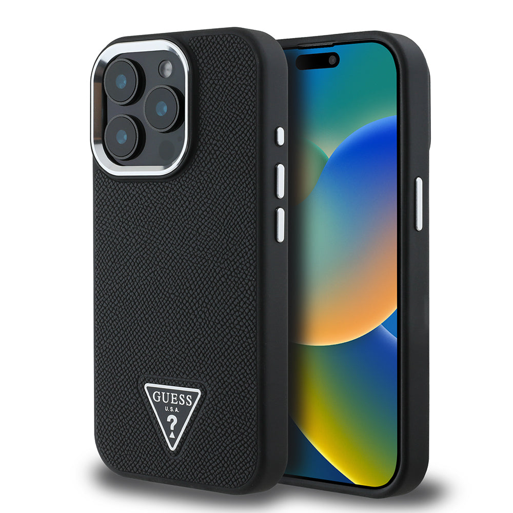 Apple iPhone 15 Pro Max Kılıf Guess Orjinal Lisanslı M-safe Şarj Özellikli Grained Triangle Kapak Kahverengi