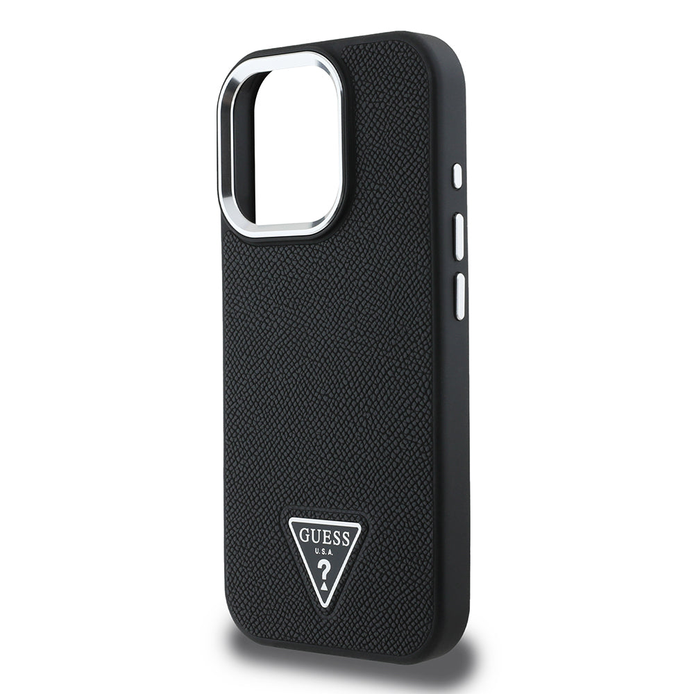 Apple iPhone 15 Pro Max Kılıf Guess Orjinal Lisanslı M-safe Şarj Özellikli Grained Triangle Kapak Siyah