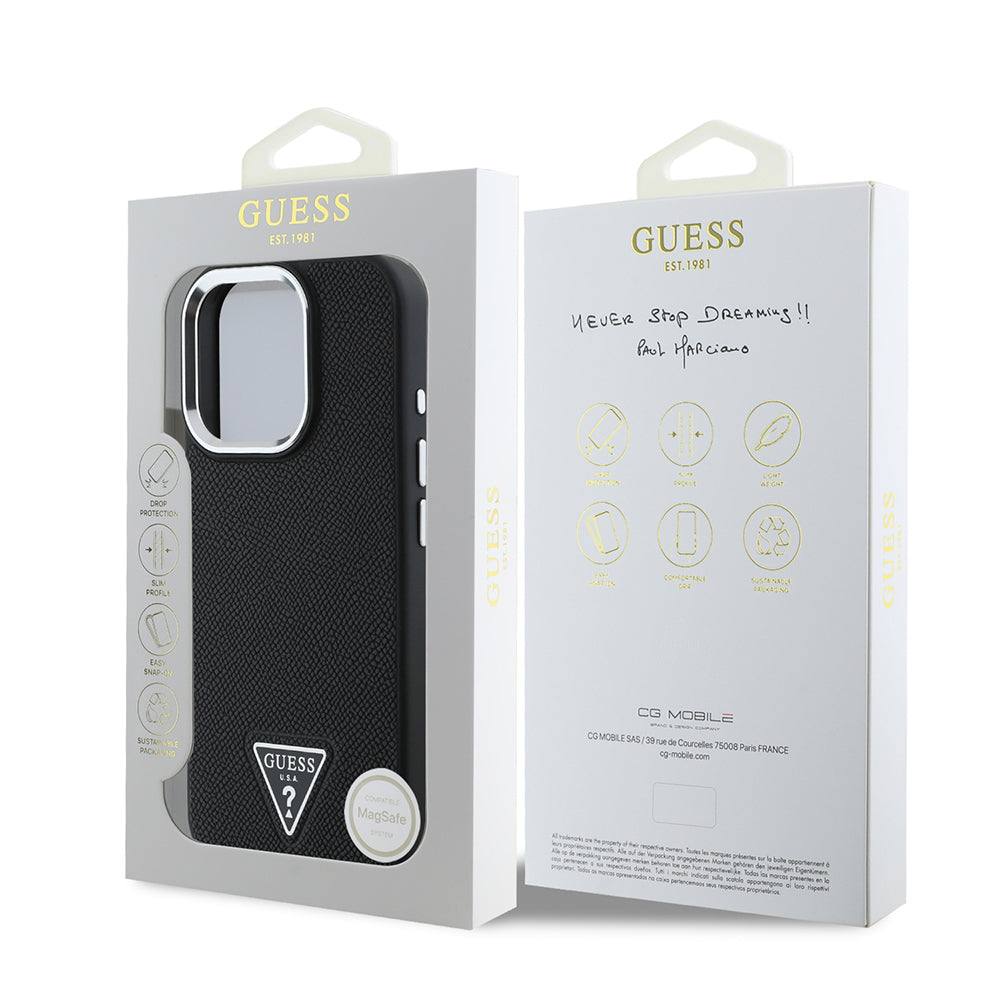 Apple iPhone 15 Pro Max Kılıf Guess Orjinal Lisanslı M-safe Şarj Özellikli Grained Triangle Kapak Siyah